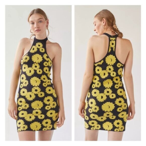 Urban Outfitters | Charlie Mockneck Sweater Dress New Small Floral Black Yellow - Picture 4 of 9